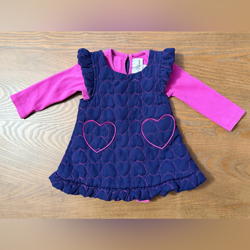 Rare Editions Navy Quilted Heart Dress with Pink Sleeves